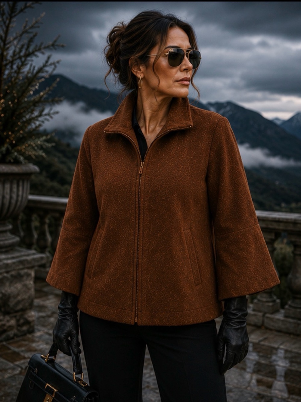 Eileen Fisher Brown 100% Wool Bell Sleeve Zip Jacket Size L Italian Fabric